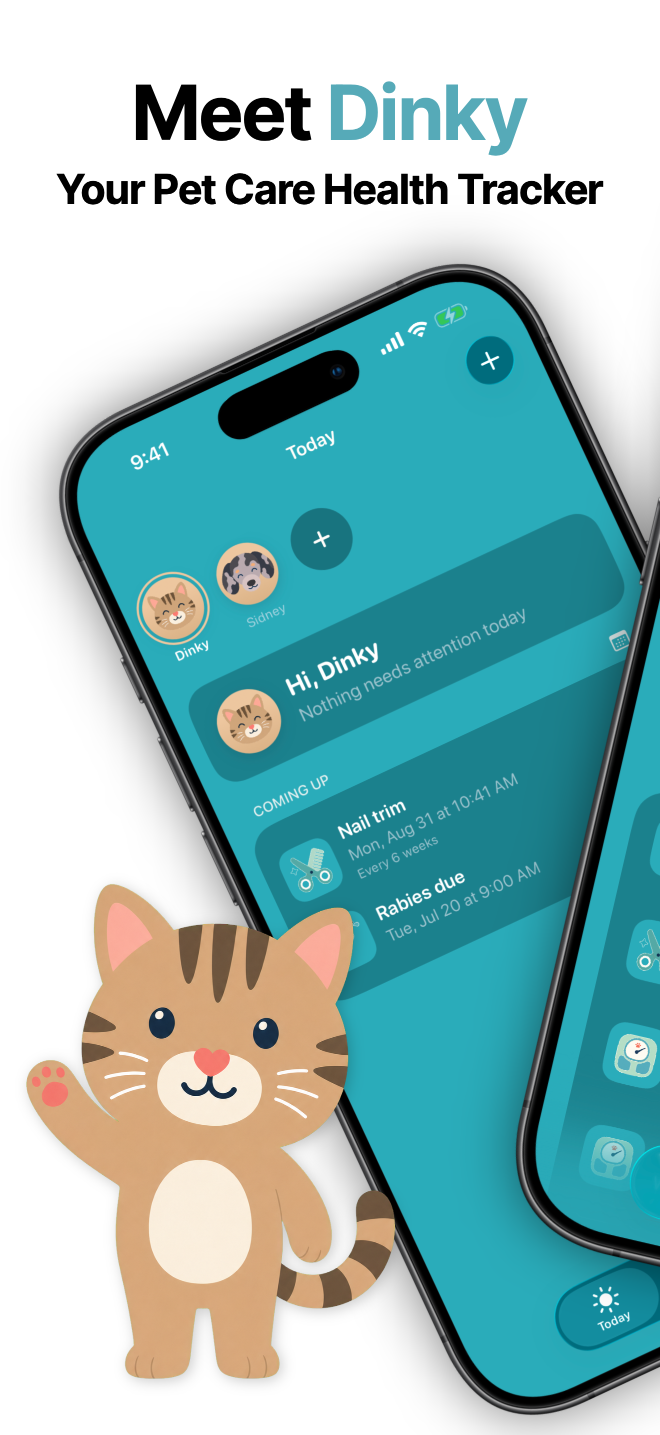 Dinky pet care dashboard with multiple pets and upcoming reminders