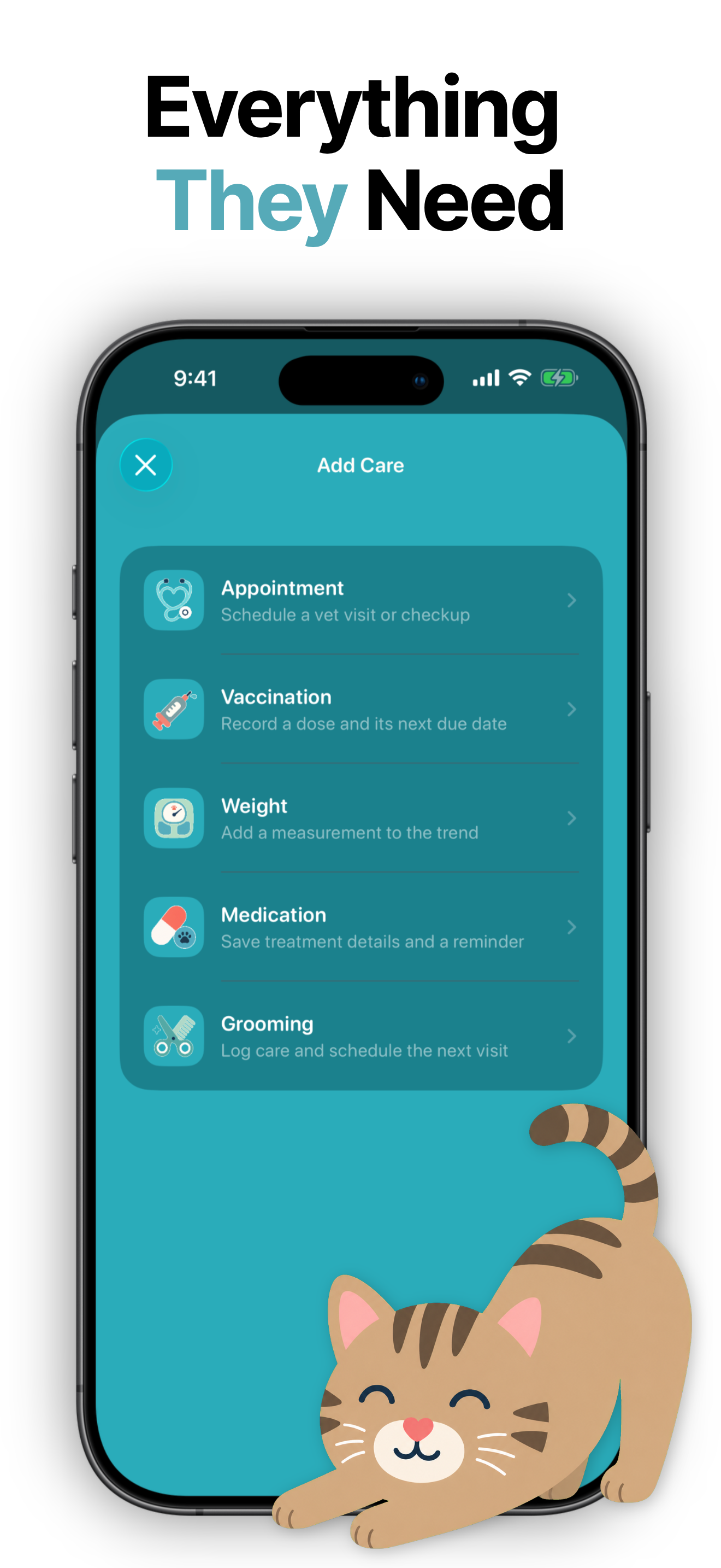 Dinky add care menu for appointments vaccinations weight medication and grooming