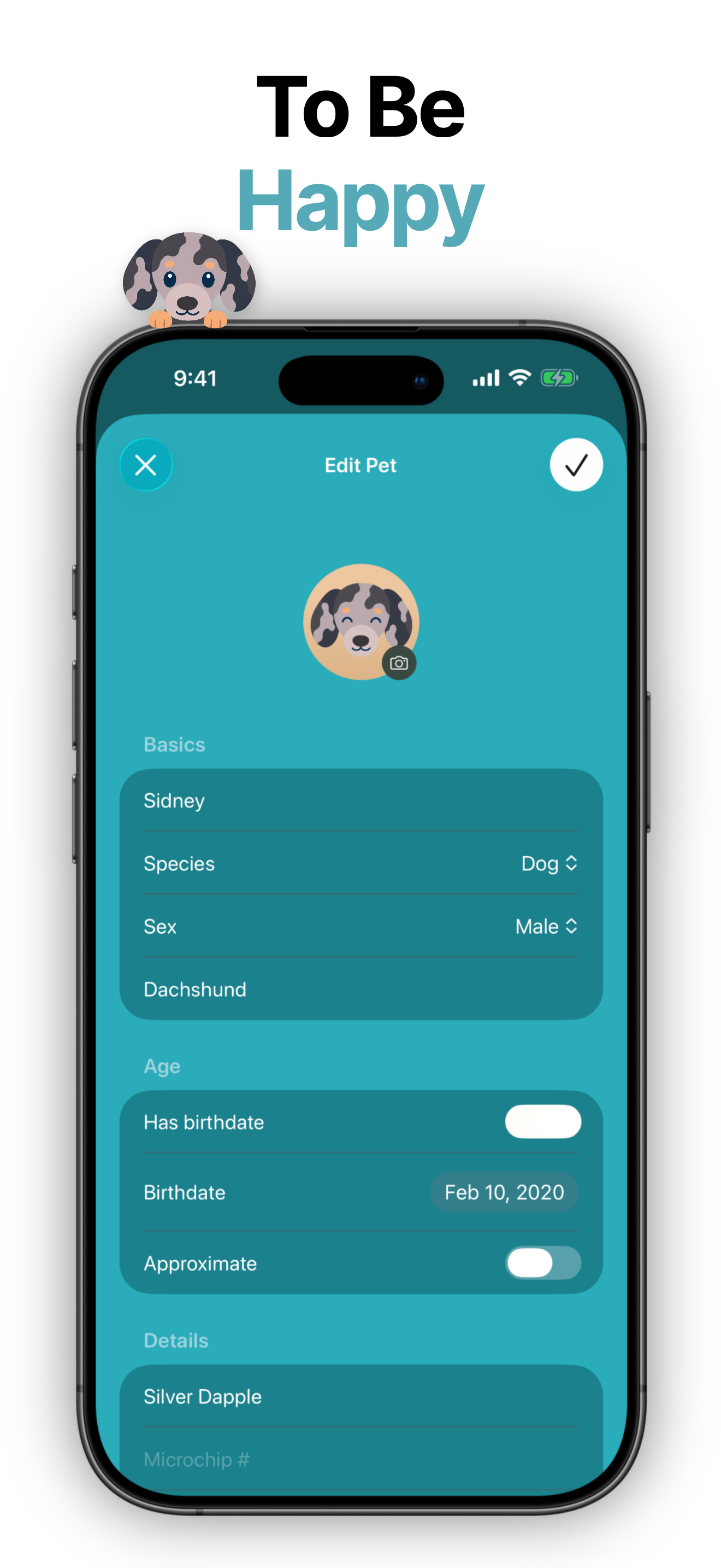 Dinky editable dog profile with birthdate and identifying details