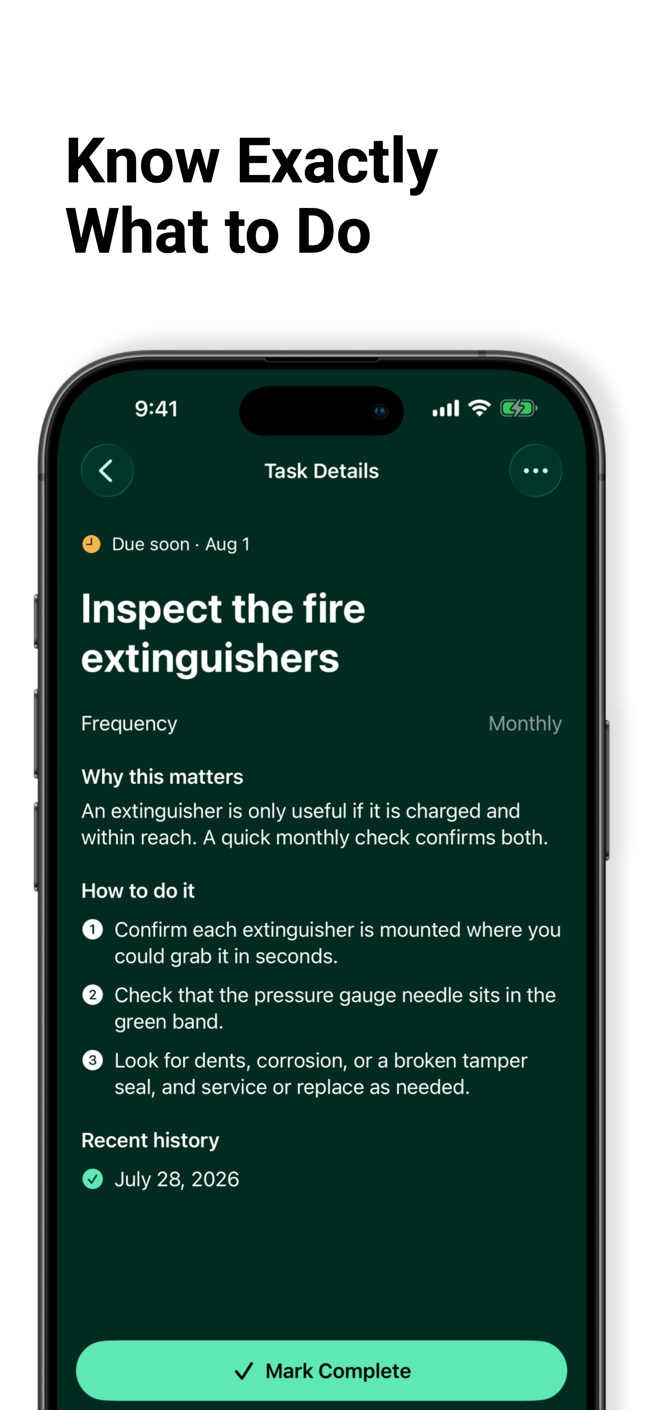House Tempo fire extinguisher maintenance task with instructions and history