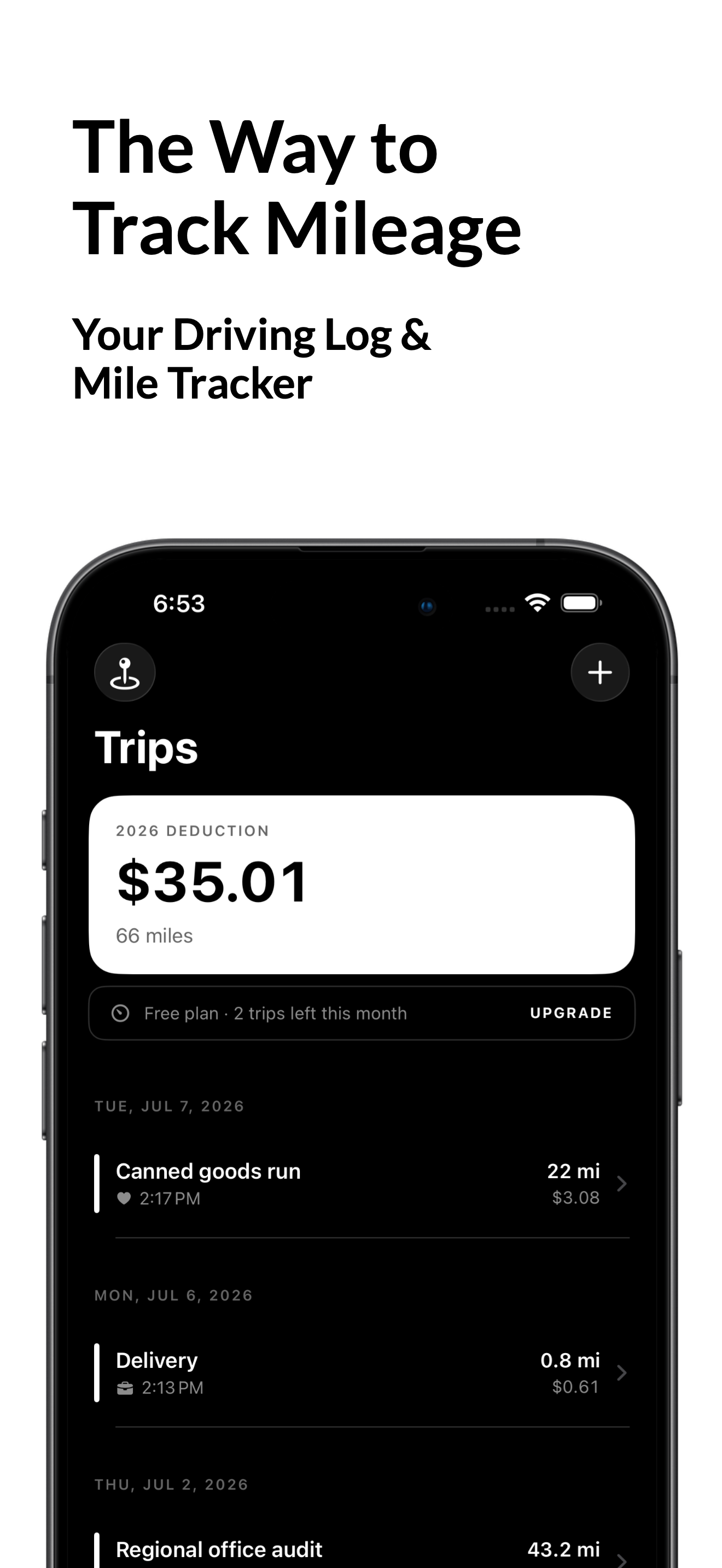 Mile Pilot trip log with mileage and deduction totals