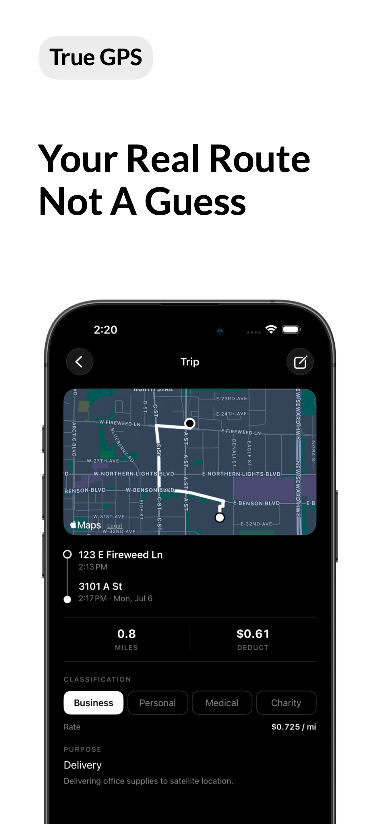 Mile Pilot trip details with GPS route classification and deduction estimate