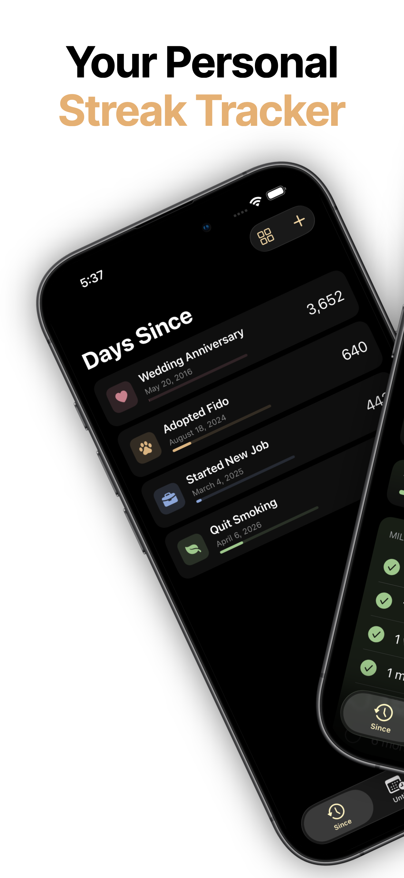 Milestone days since list and milestone progress screens on iPhone