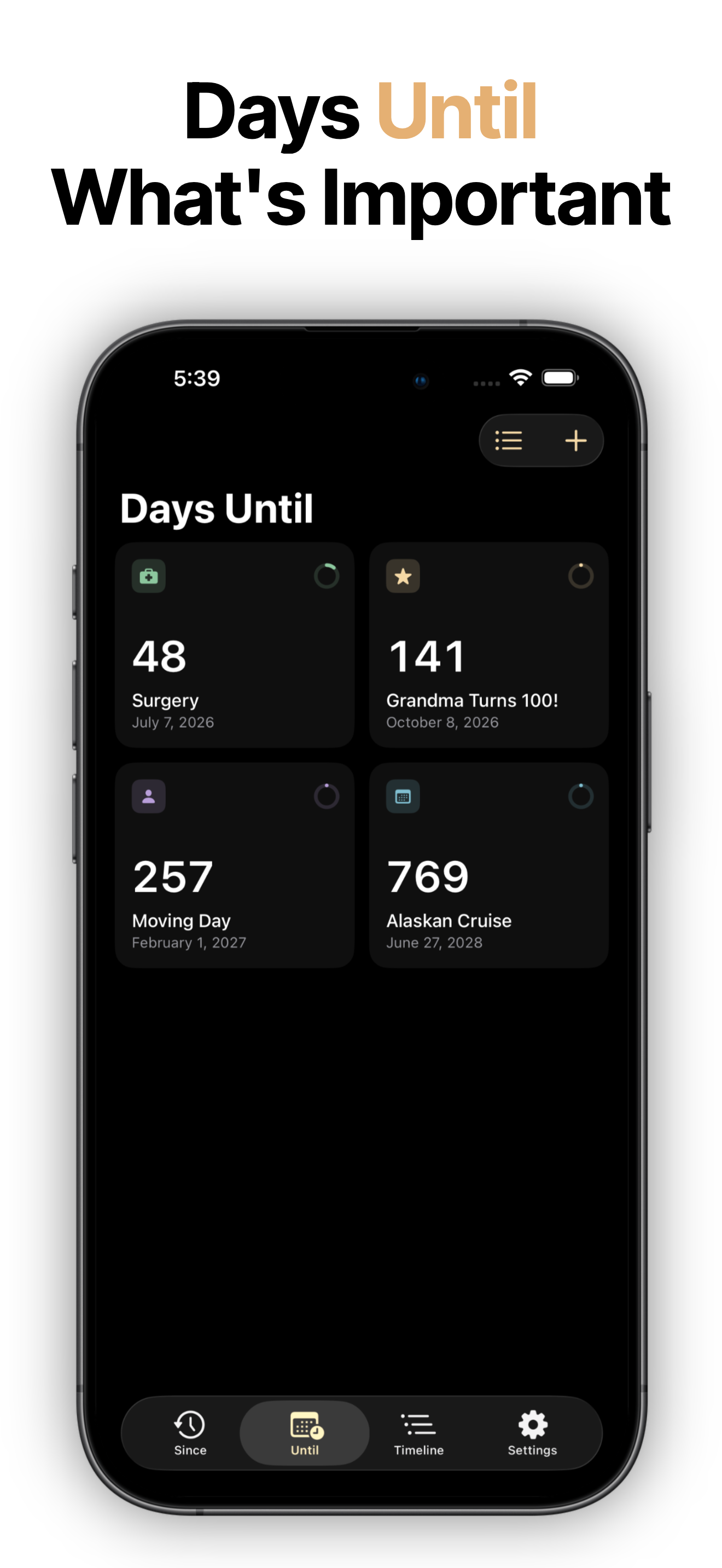 Milestone days until countdown grid for upcoming events