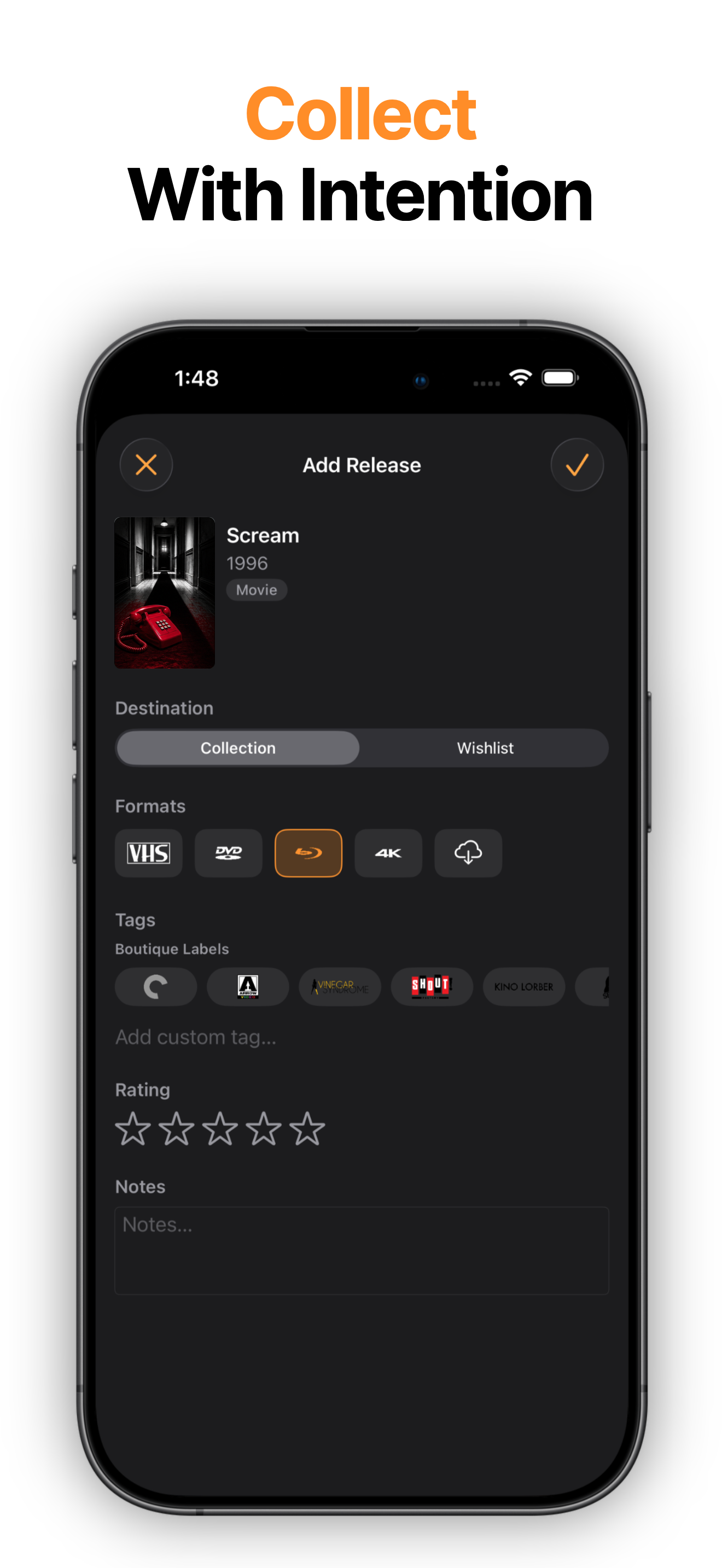 Movie Addict add release screen with formats tags rating and notes